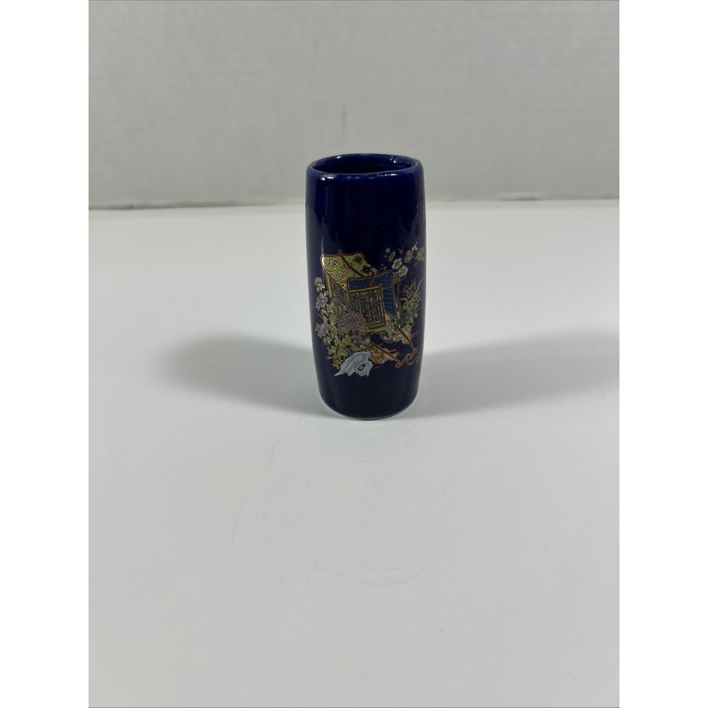 Vintage Japanese Cobalt Blue Lotus Flower Cart 3.75" Mini Vase Chopsticks Holder